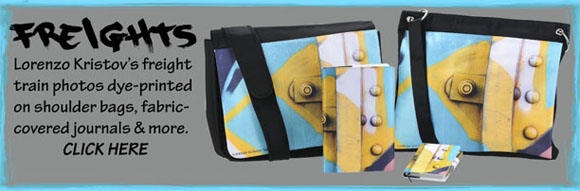 Freight train photos dye-printed on shoulder pags, fabric-covered journals, and more.